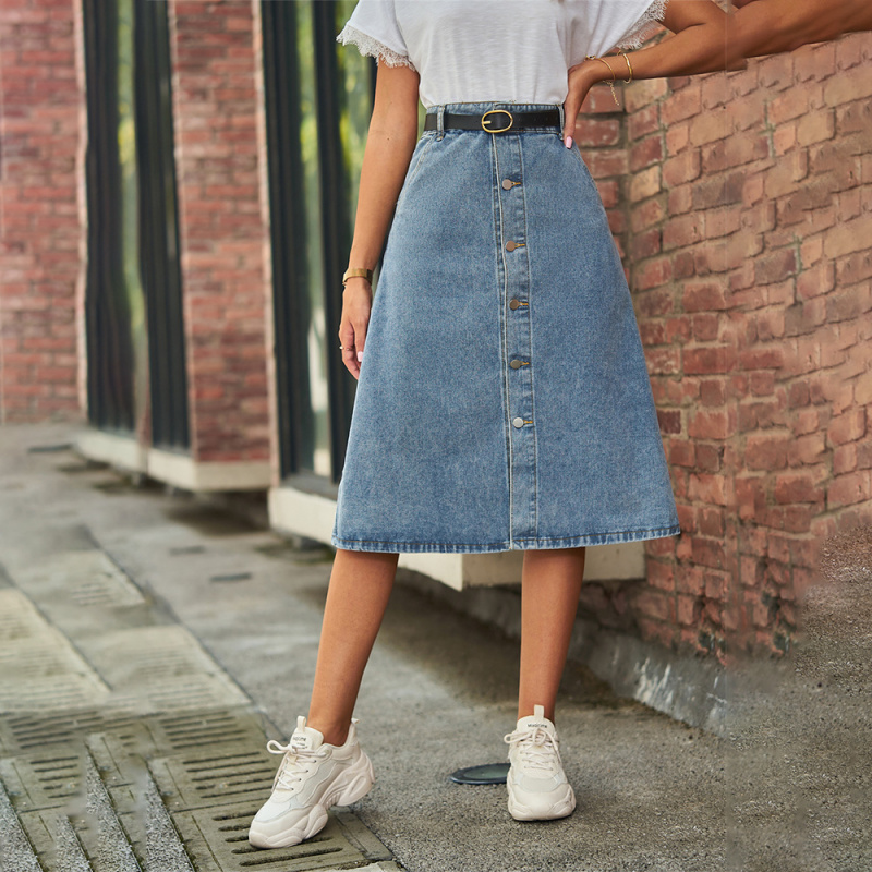 A-Line Skirt Midi - Vielseitiger Schlankmachender Gewaschener Denim-Midirock mit Einreihiger