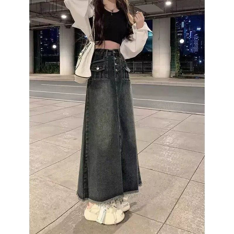 A-Line Skirt Midi - Hochtaillierter A-Linien-Midirock aus Denim für Damen,