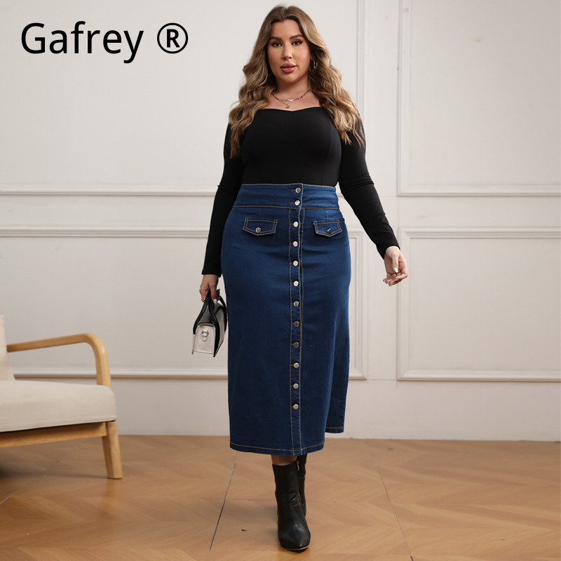 A-Line Skirt Midi - Übergröße Hochgeschnittener Jeansrock mit Knopfleiste Vorne