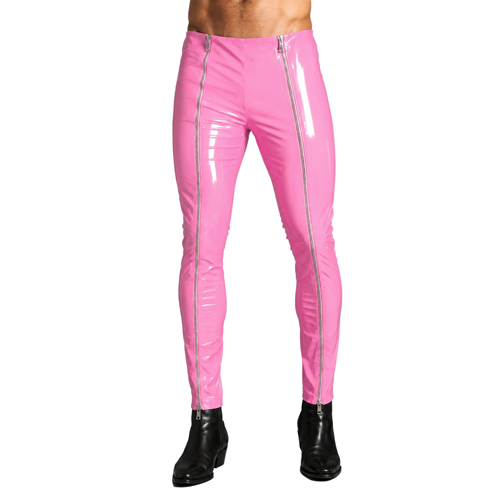 High Waist Leggings - Herren Wet-Look-Lederhose mit Frontreißverschlüssen, High-Waist-Wet-Look-Leggings für