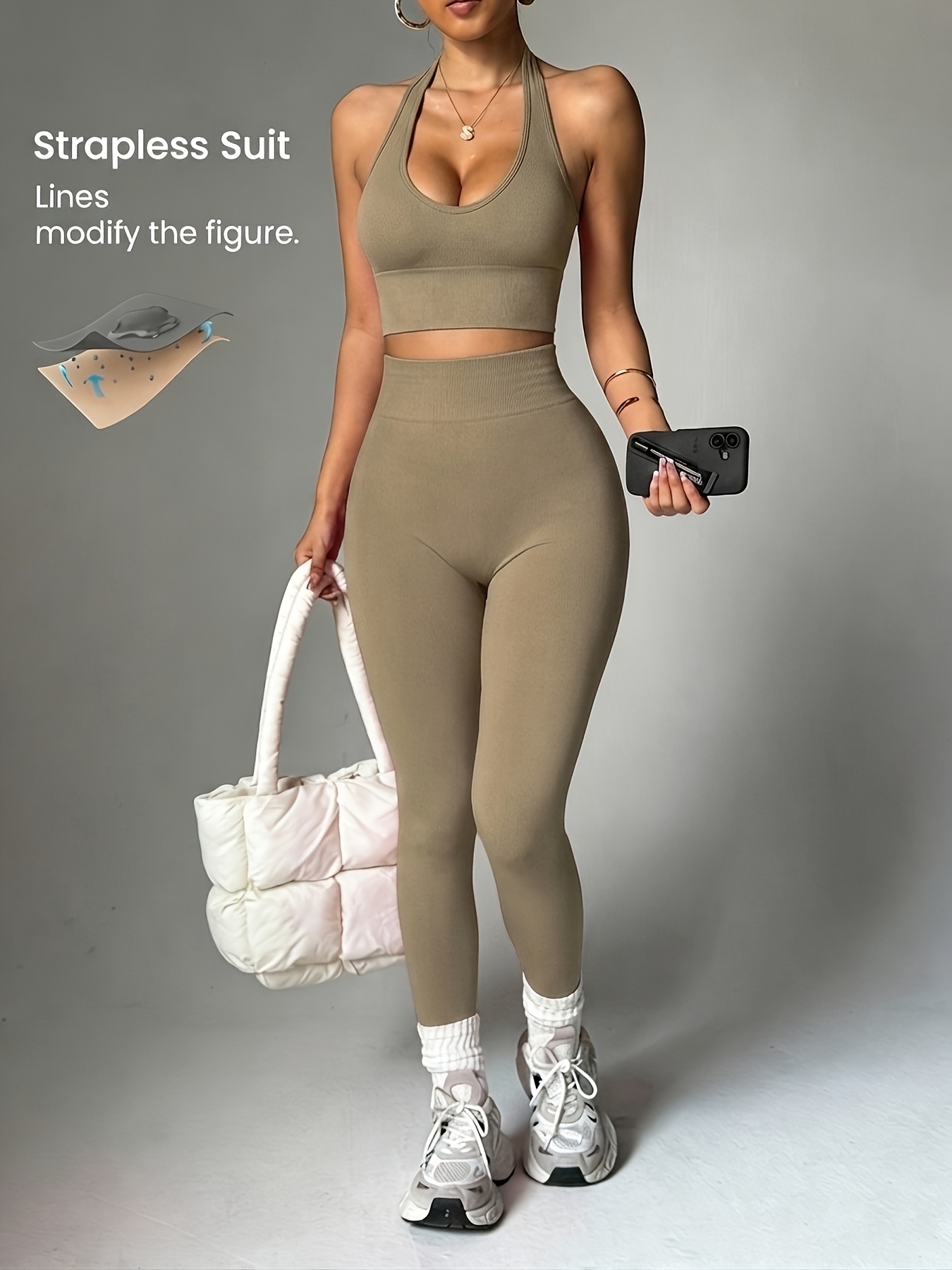 High Waist Leggings - 2-teiliges, einfarbiges, modisches, vielseitiges Damen-Sportbekleidungsset, sexy